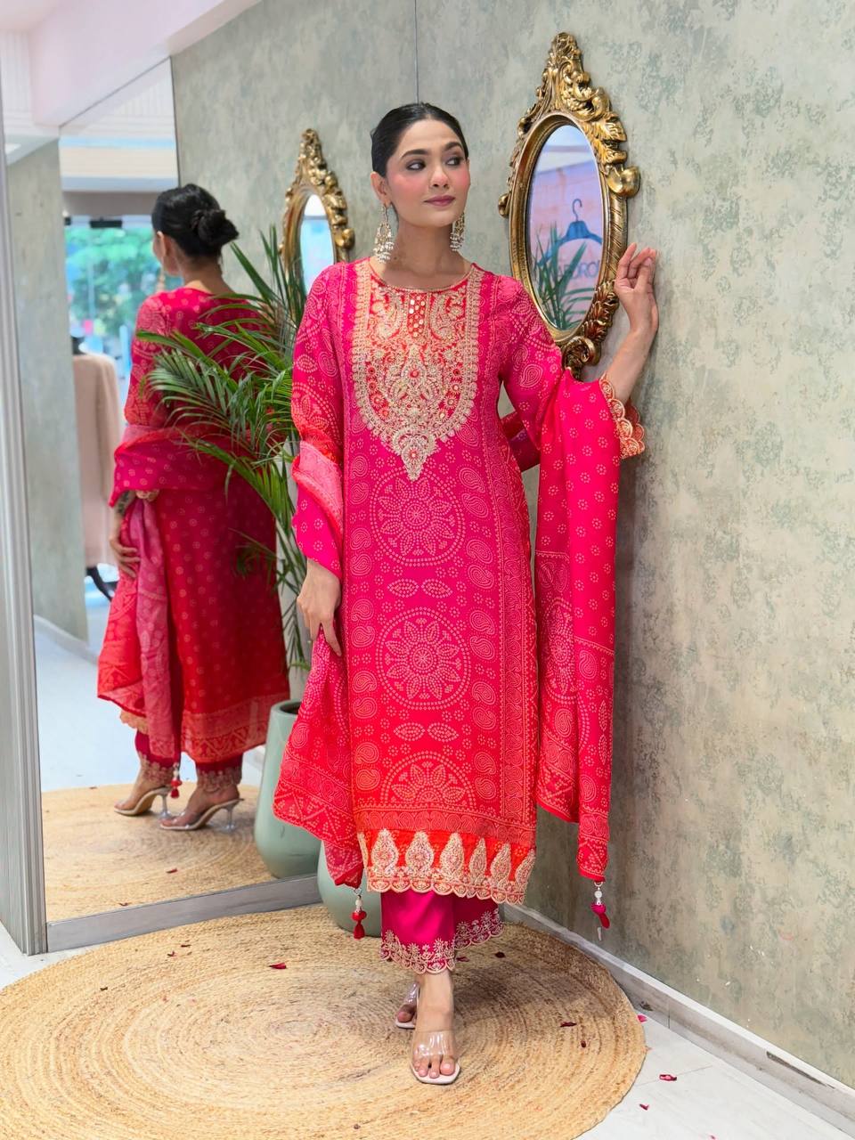 Designer Pure Natural Crepe Suit Set with Heavy Embroidery & Digital Print Dupatta | Fully Stitched Ready-to-Wear Ethnic Wear