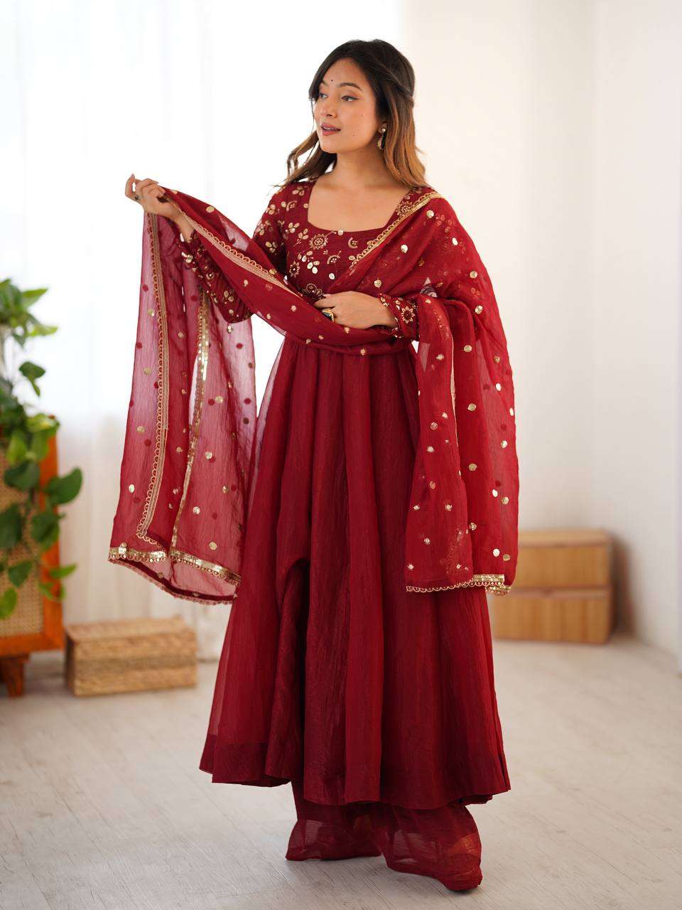 Premium Women’s Ethnic Wear Crunchy Silk Gown Set with Embroidered Dupatta & Matching Pant