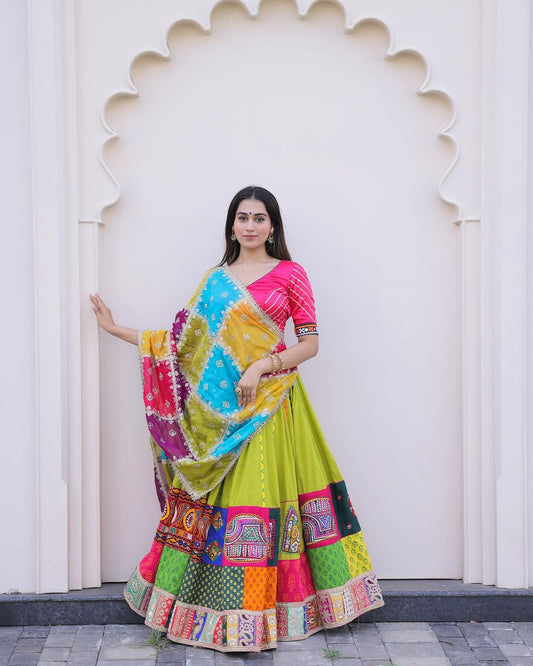 Multi Color Soft Silk Digital Print Lehenga with Real Mirror Work for Navratri
