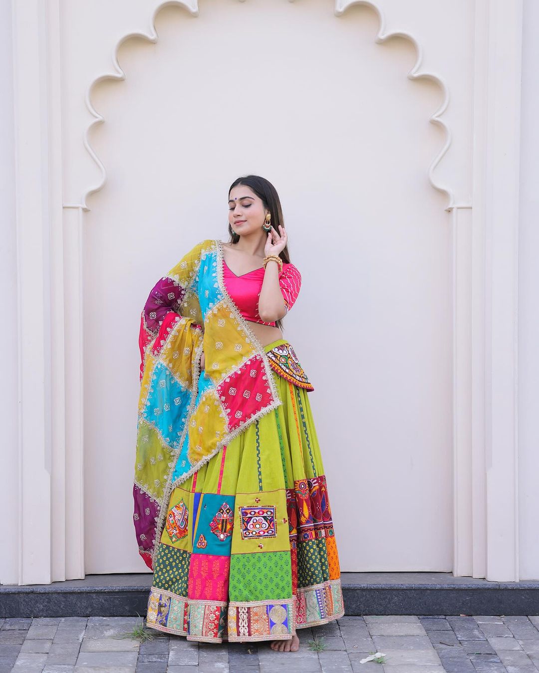Multi Color Soft Silk Digital Print Lehenga with Real Mirror Work for Navratri