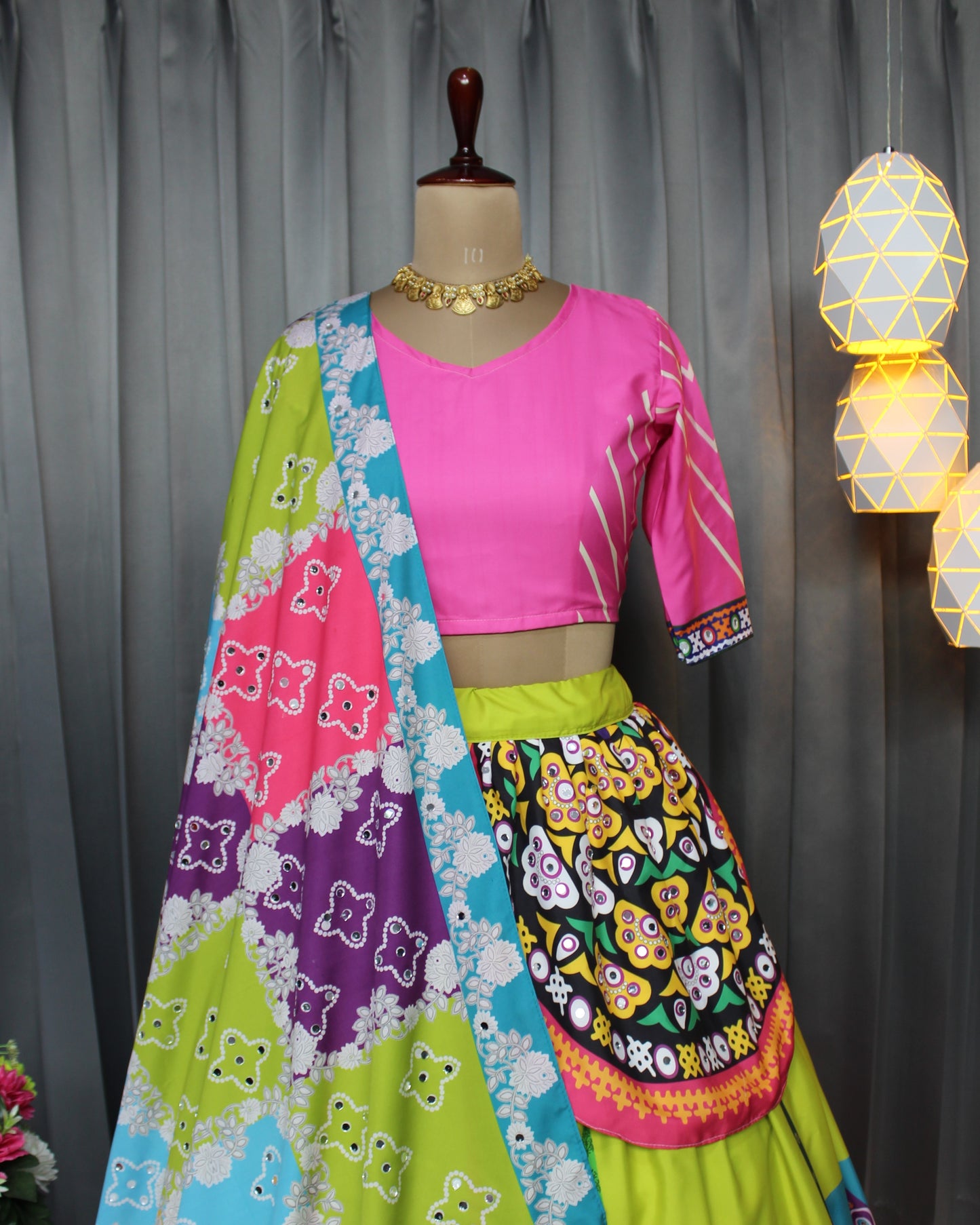 Multi Color Soft Silk Digital Print Lehenga with Real Mirror Work for Navratri