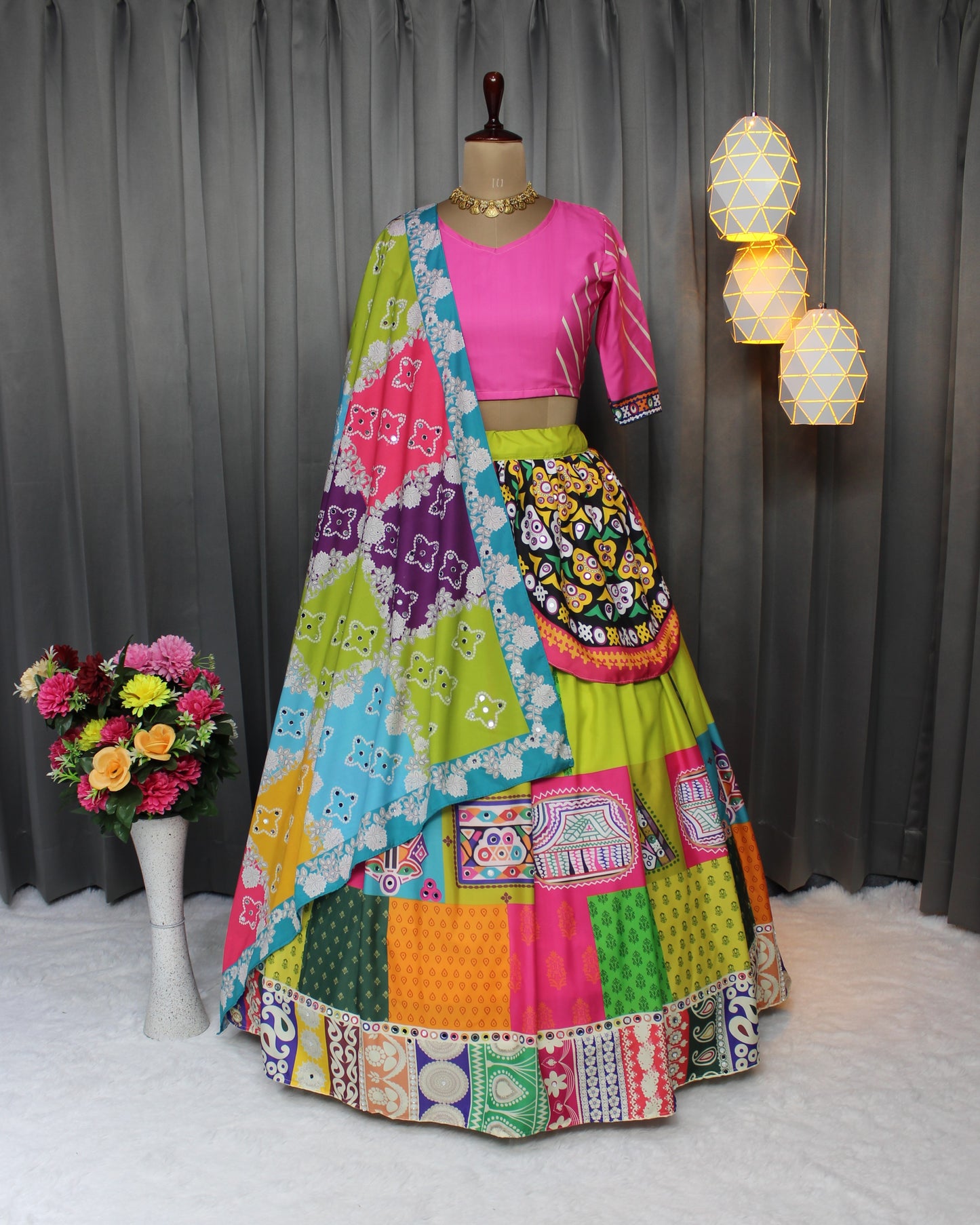 Multi Color Soft Silk Digital Print Lehenga with Real Mirror Work for Navratri