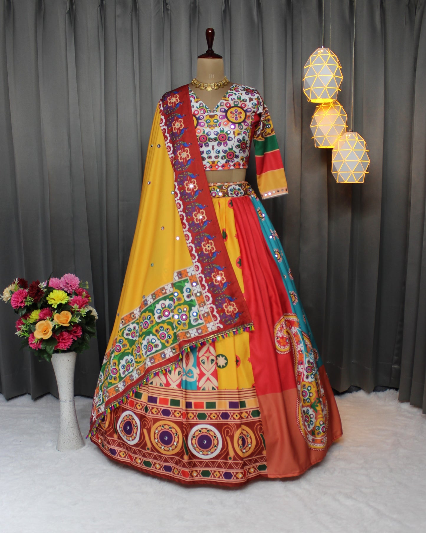 Navratri Special Butter Silk Lehenga with Digital Print & Real Mirror Work