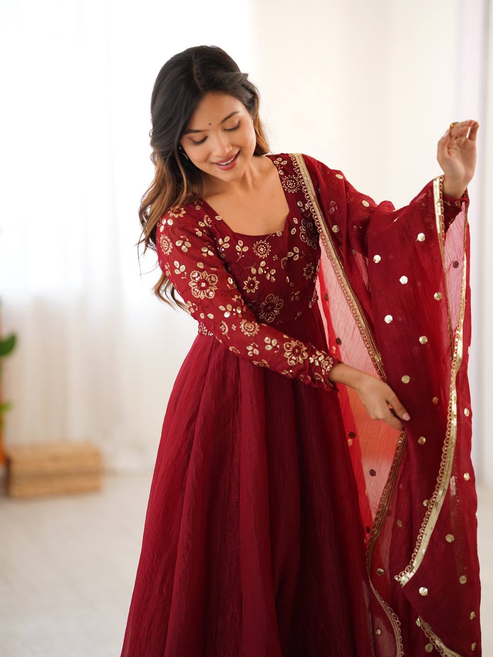 Premium Women’s Ethnic Wear Crunchy Silk Gown Set with Embroidered Dupatta & Matching Pant