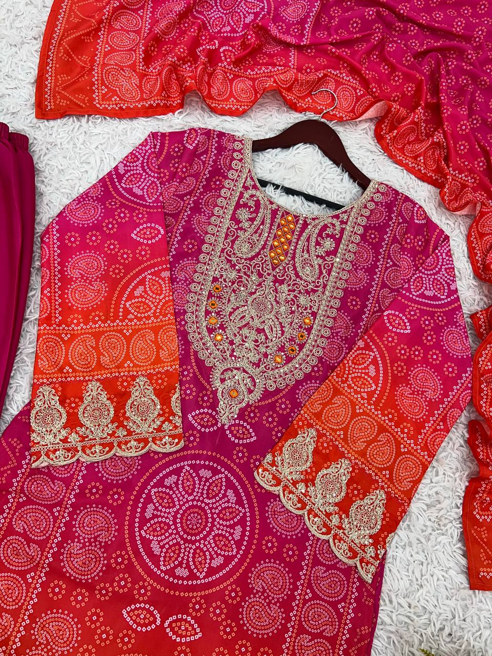 Designer Pure Natural Crepe Suit Set with Heavy Embroidery & Digital Print Dupatta | Fully Stitched Ready-to-Wear Ethnic Wear