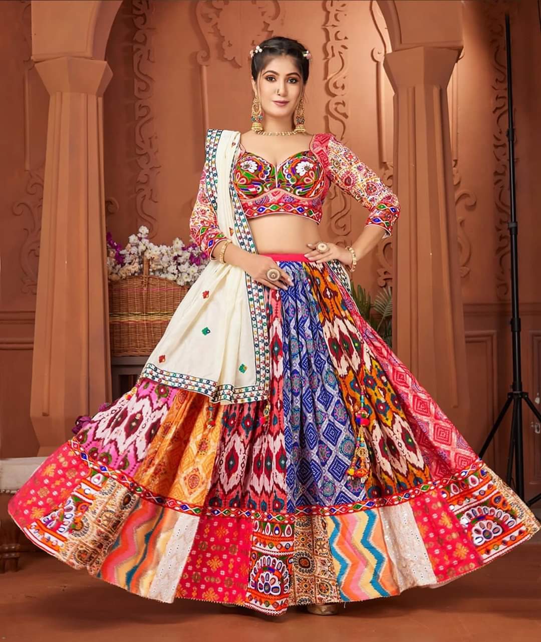 Festive Multi-Color Silk Lehenga Featuring Real Mirror Work – Navratri Special