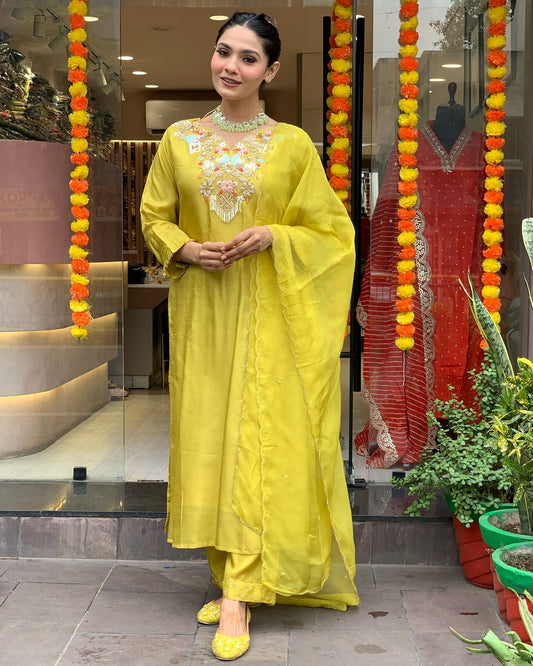Chanderi Silk Embroidered Suit Set with Lightweight Organza Dupatta
