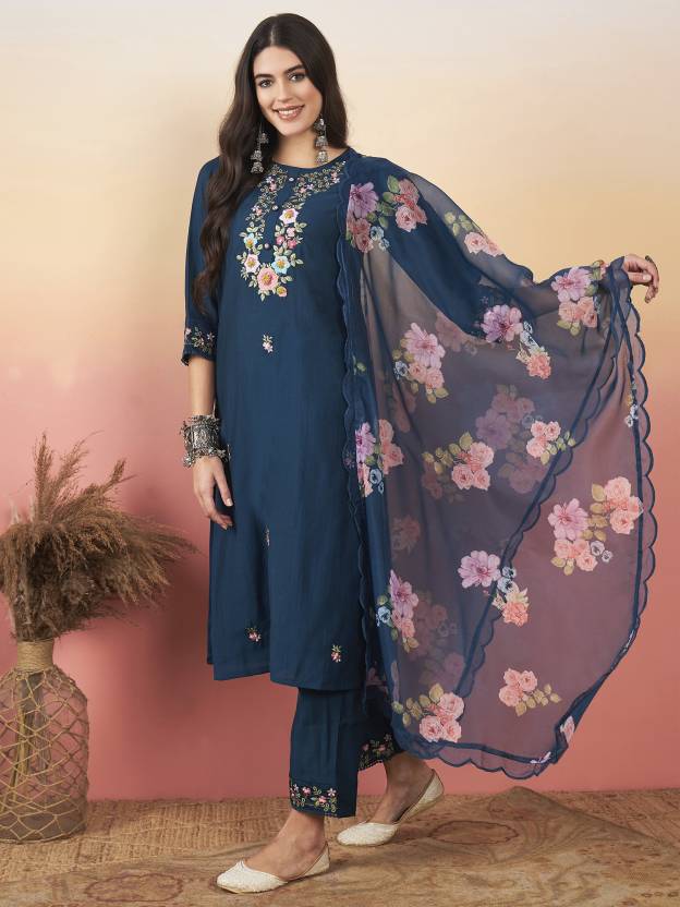 Premium Ethnic Embroidered Viscose Chanderi Suit Set with Pure Organza Dupatta – 3-Piece