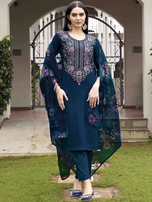 Latest Stylish Heavy Roman Suit Set with Embroidery & Digital Print Organza Dupatta