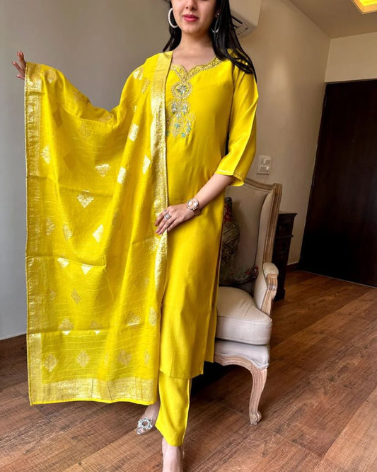 Graceful Ethnic Wear Embroidered Viscose Chanderi Suit Set with Jacquard Dupatta – 3-Piece