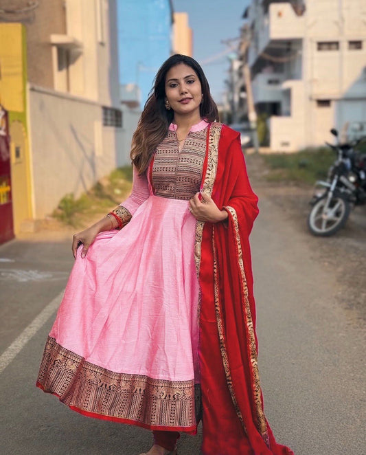 New Launch – Premium Vichitra Silk Gown with Jacquard Zari Weaving & Matching Dupatta
