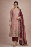 Women’s Rose Pink & Deep Maroon Chinnon Embroidered Kurta Sharara Set with Dupatta | Fully Stitched Festive Wear