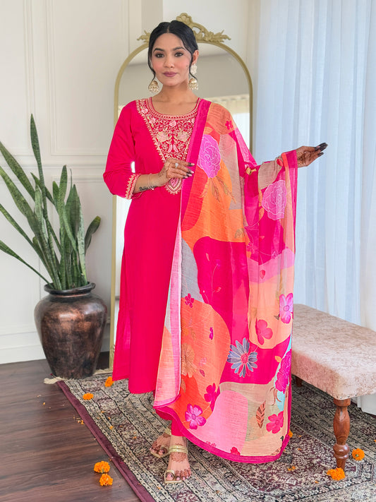 Stylish Embroidered Chanderi Suit with Natural Linen Dupatta