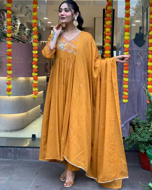 Graceful  Embroidered Viscose Chanderi Suit Set with Matching Chanderi Dupatta – 3-Piece Ensemble