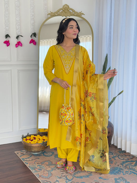 Women's Rayon Embroidered Kurta with Pant & Printed Taby Jacquard Dupatta | Readymade 3-Piece Ethnic Suit Set | Elegant & Comfortable Outfit for Daily, Festive & Semi-Formal Wear