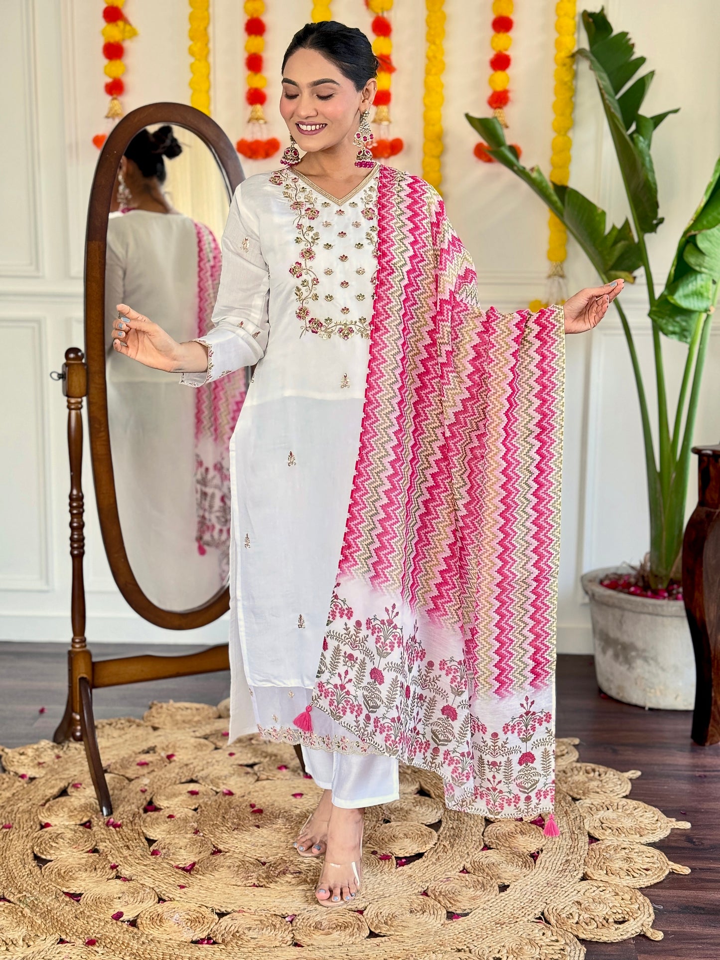 Elegant White Viscose Chanderi Kurti Set with Designer V-Neck & Chanderi Dupatta – 3-Piece Ready-to-Wear Ethnic Suit for Women