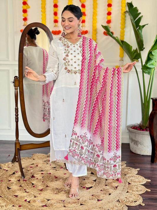 Elegant White Viscose Chanderi Kurti Set with Designer V-Neck & Chanderi Dupatta – 3-Piece Ready-to-Wear Ethnic Suit for Women