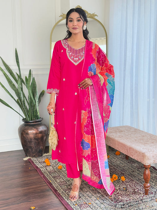 Embroidered Viscose Chanderi Suit Set with Elegant Linen Dupatta – 3-Piece Graceful Ethnic Ensemble