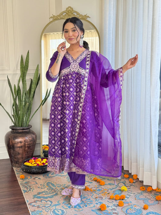 Classic Embroidered Suit in Chanderi with Soft Organza Dupatta