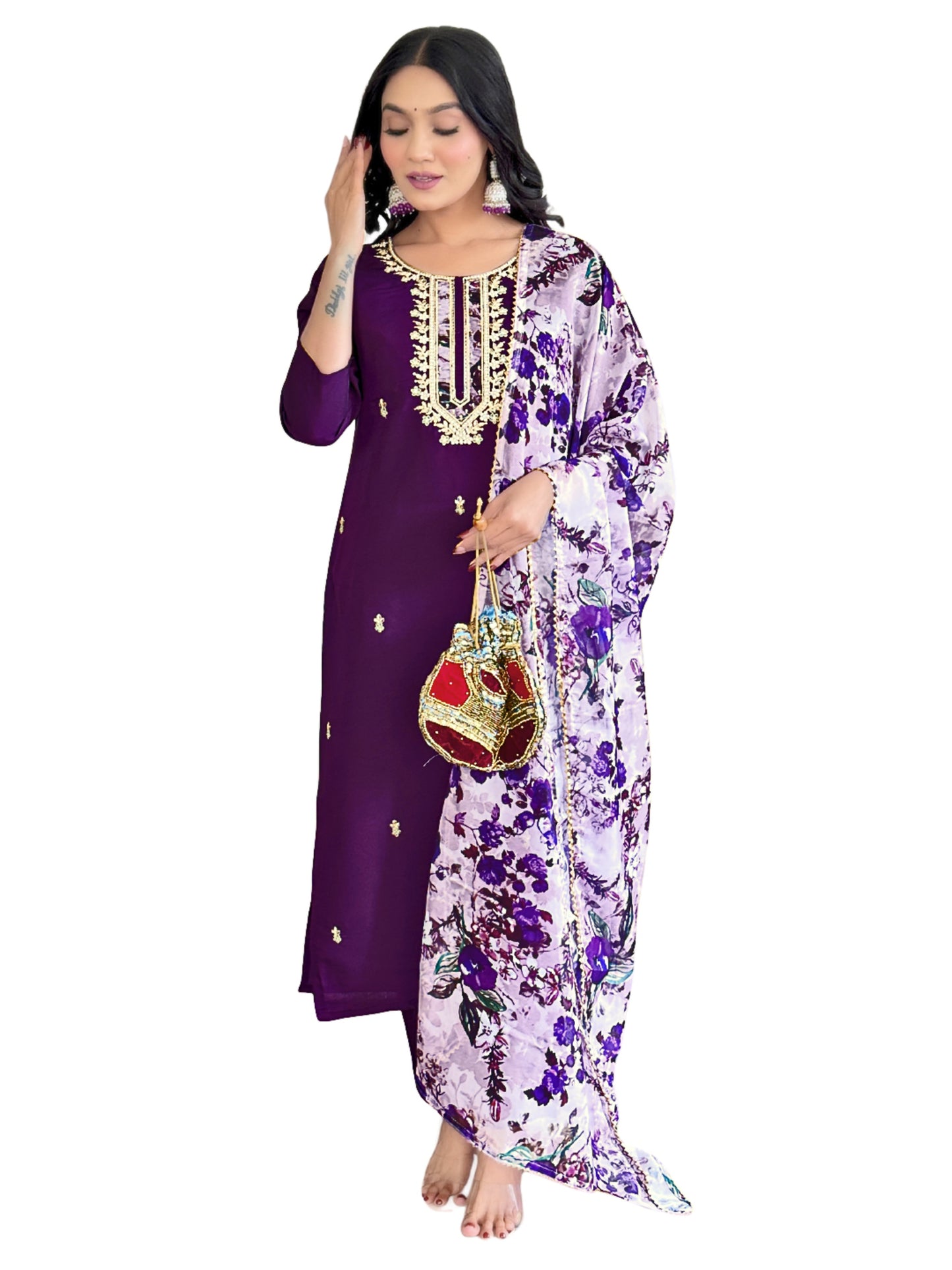 Elegant Chanderi Kurti Set with Embroidered Taby Dupatta & Pant – 3/4 Sleeve, Designer Round Neck