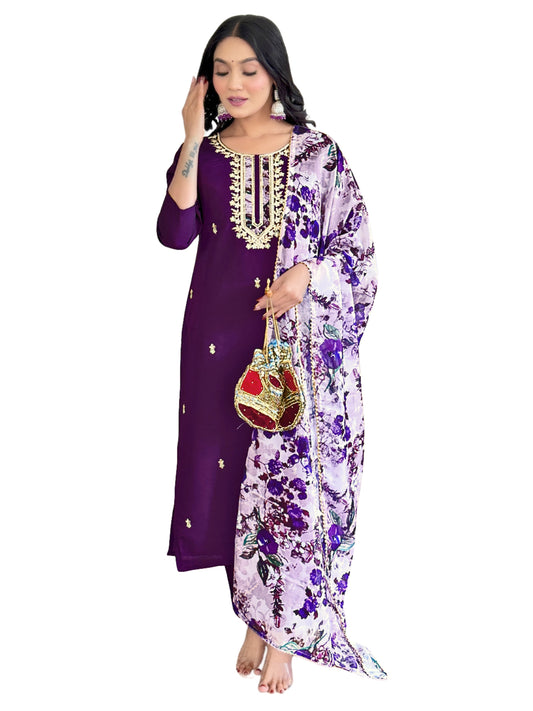 Elegant Chanderi Kurti Set with Embroidered Taby Dupatta & Pant – 3/4 Sleeve, Designer Round Neck