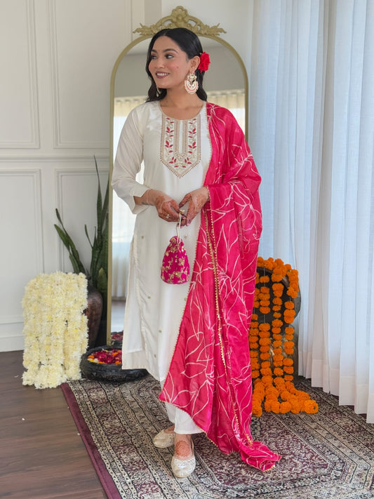 Elegant Embroidered Reyon Slub Suit Set with Foil Print Chinon Dupatta
