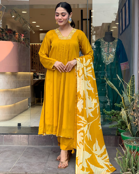 Elegant Chinnon Silk Embroidered Suit Set with Printed Dupatta – Festive Ready
