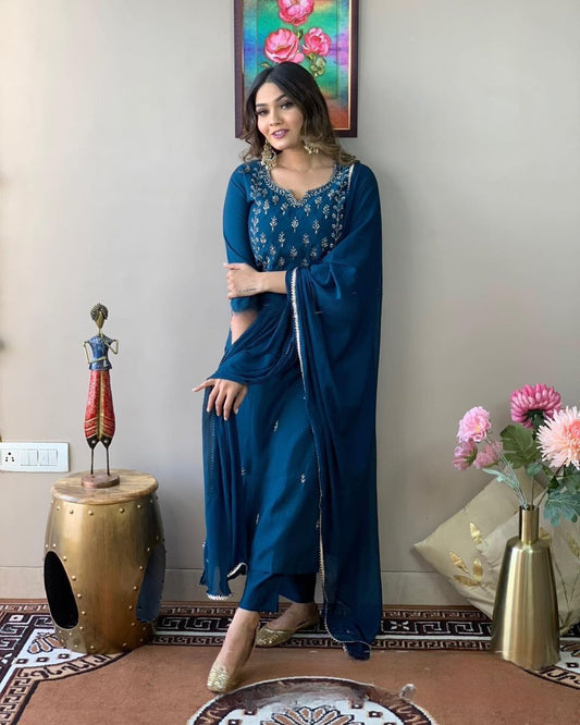 New Latest Embroidered Rayon Slub Suit Set with Pure Chinon Dupatta