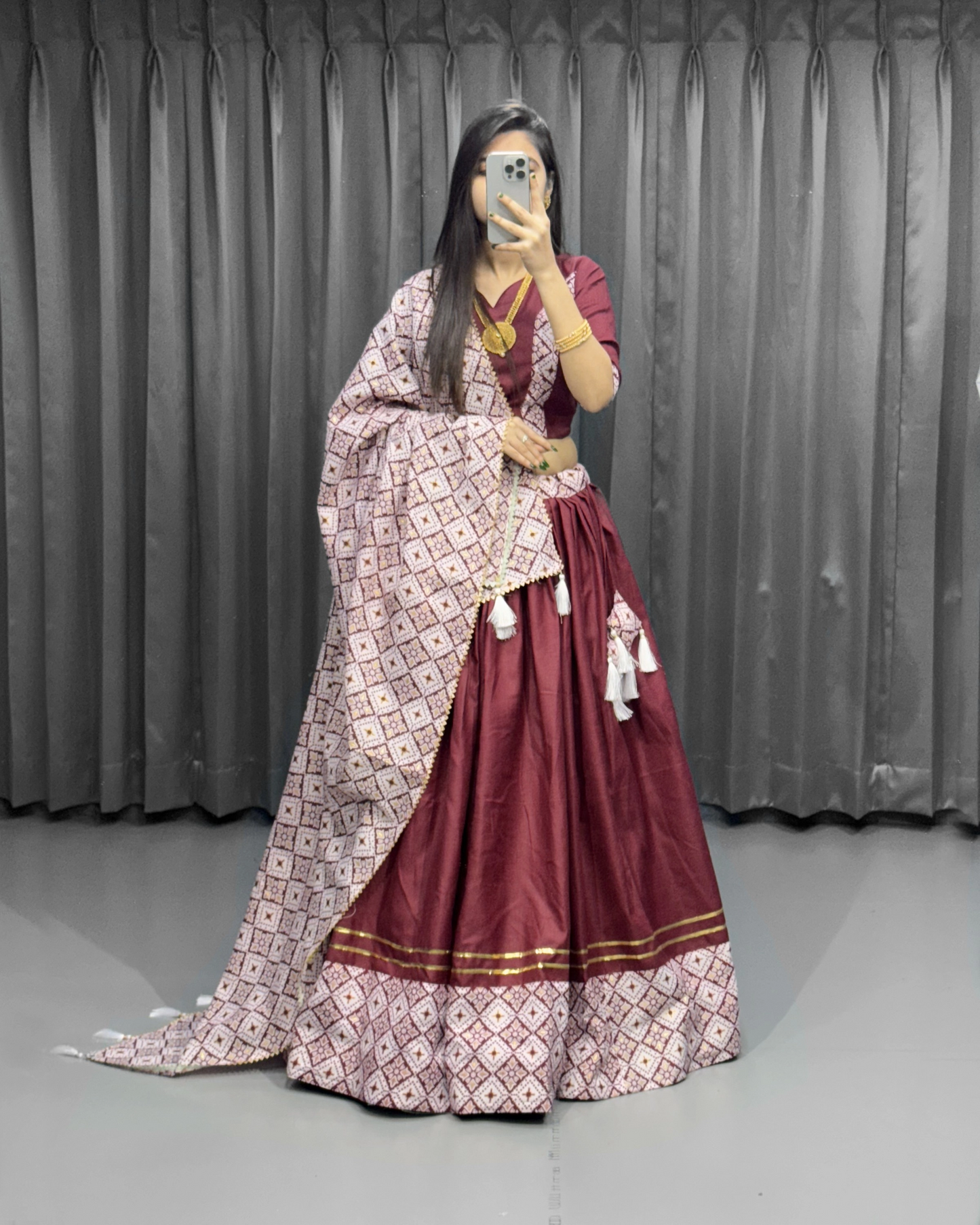 Women’s Cotton Lehenga Choli – Ready to Wear with Mirror Work & Printed Dupatta