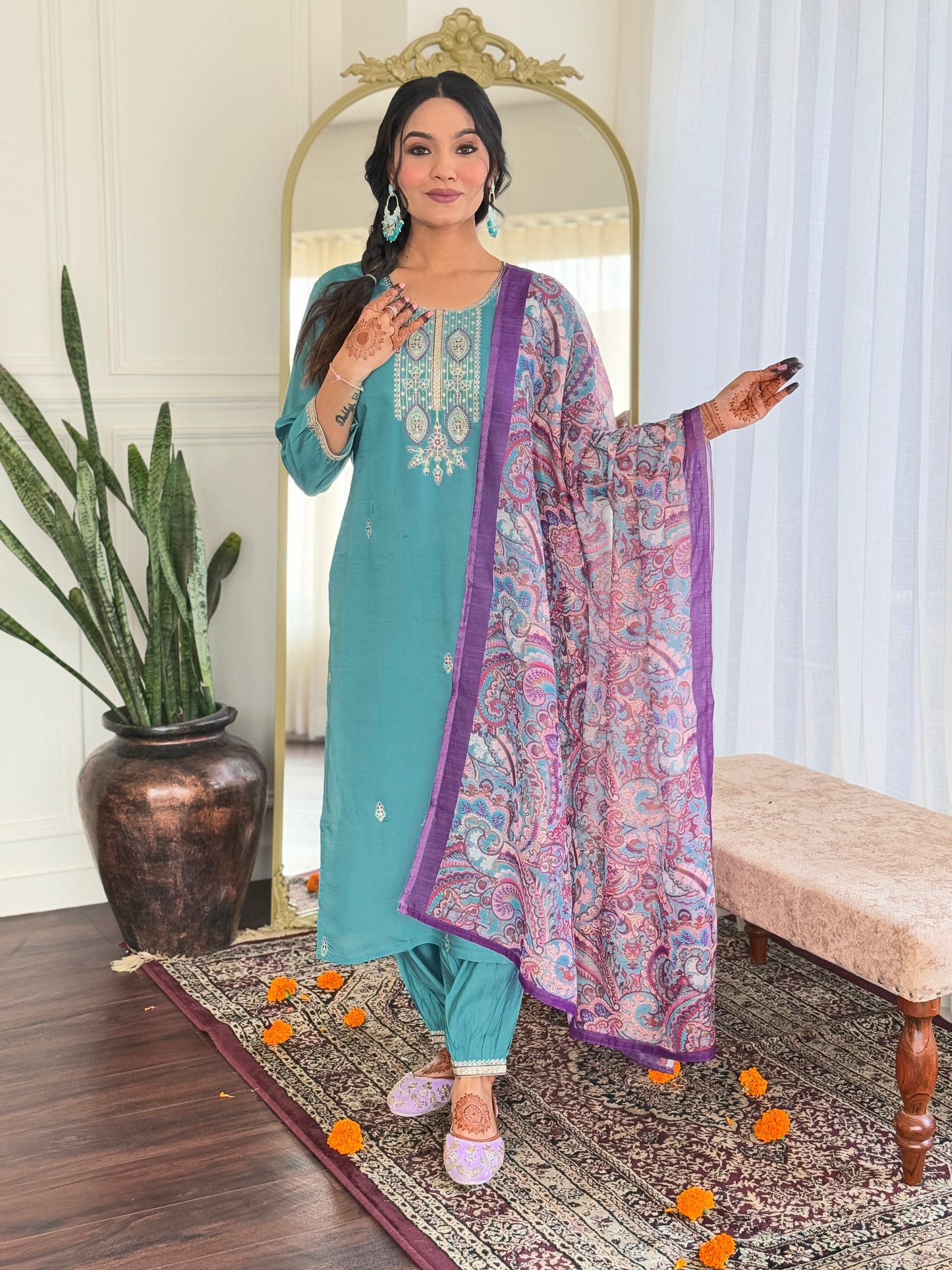 Chanderi Embroidery Suit with Linen Dupatta – Everyday Festive