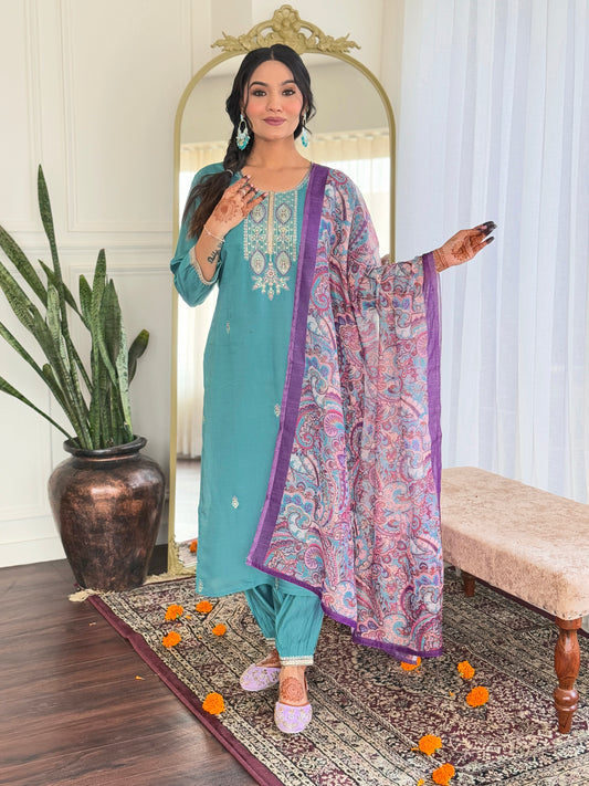 Chanderi Embroidery Suit with Linen Dupatta – Everyday Festive