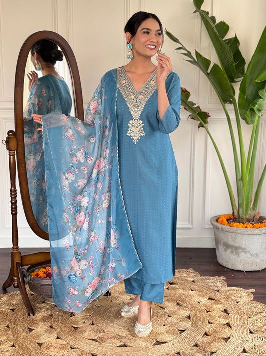 Festive Firozi Viscose Rayon Embroidered Kurti Pant Set with Teby Dupatta