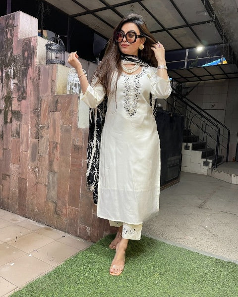 Viscose Blend Rayon Embroidered Suit Set with Nylon Taby Organza Dupatta