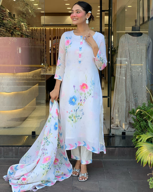 Women's Pure Linen Embroidered Kurta with Pant & Dupatta | Premium Readymade 3-Piece Suit Set | Elegant & Breathable Ethnic Wear for Summer, Office, and Semi-Formal Occasions