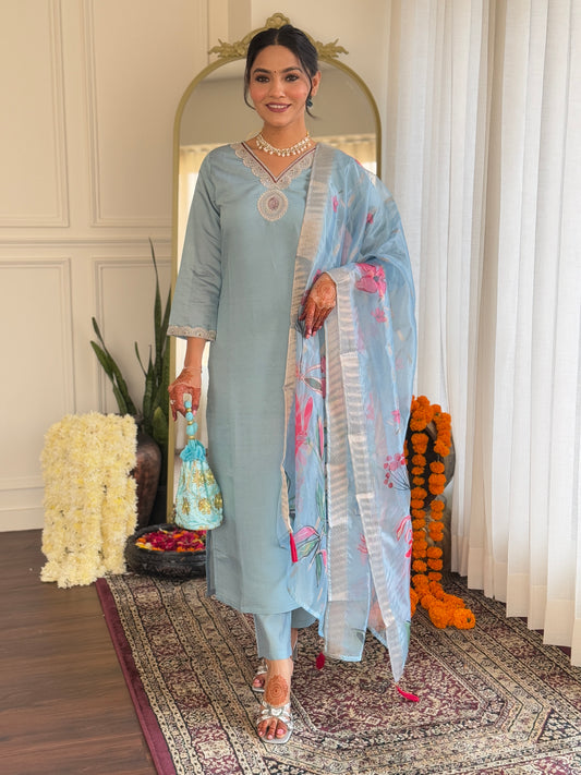 Latest Roman Silk Suit Set with Organza Jacquard Butti Dupatta – Elegant 3-Piece Ethnic Ensemble