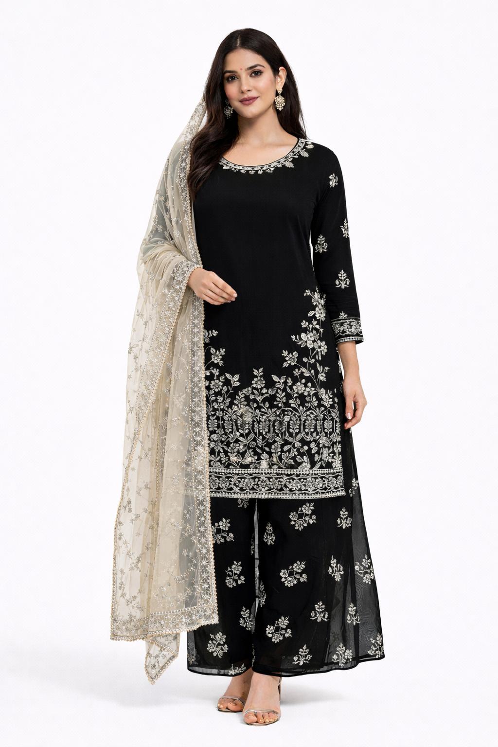 Latest Black Embroidered Fox Georgette Suits Palazzo Set with Chanderi Silk Dupatta | Fully Stitched | Festive & Party Wear