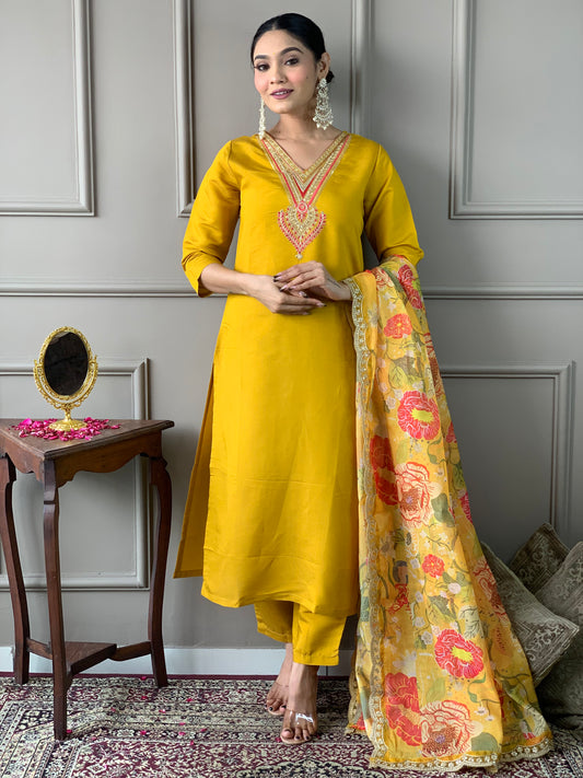 New Stylish Chanderi Embroidered Suit Set with Organza Dupatta