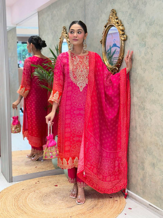 Designer Pure Natural Crepe Suit Set with Heavy Embroidery & Digital Print Dupatta | Fully Stitched Ready-to-Wear Ethnic Wear