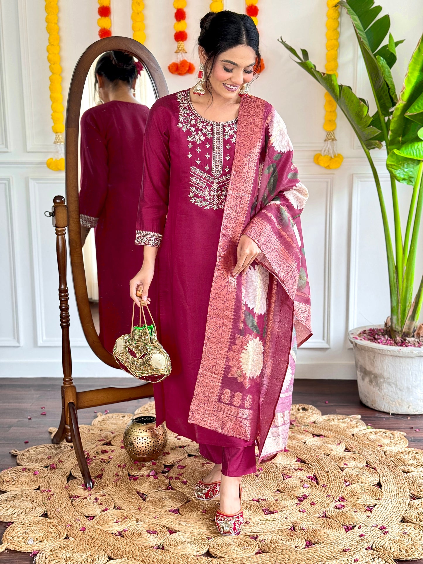 Women’s Viscose Chanderi Kurti Set with Embroidered Jacquard Dupatta & Pant – 3/4 Sleeves, Designer Round Neck