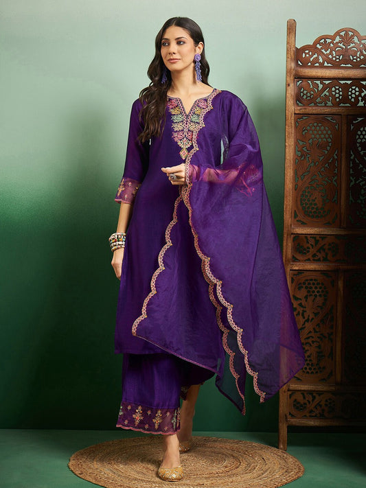 Women's Chanderi Cotton Kurti Set with Heavy Embroidered Organza Dupatta – Traditional Look