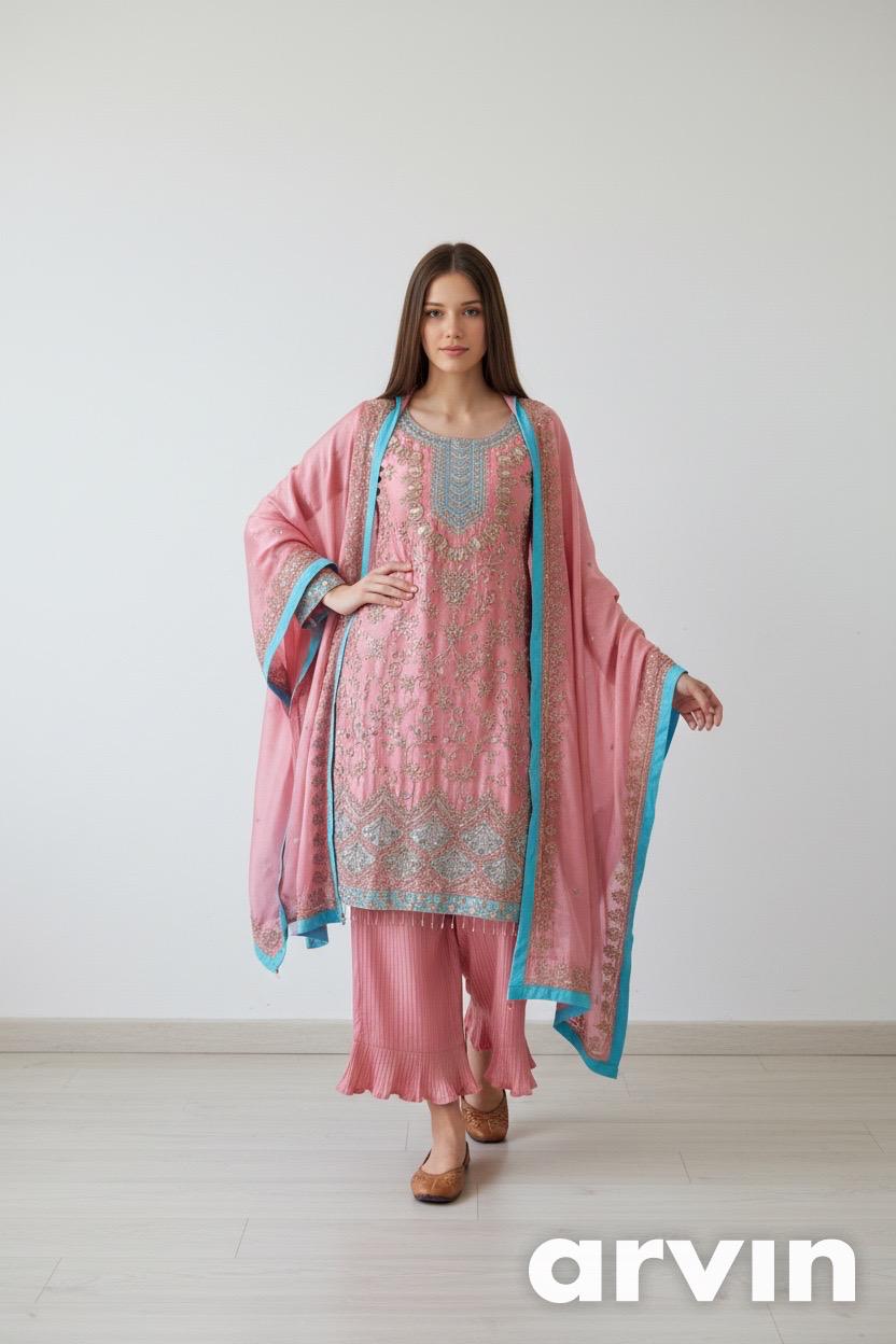 Women’s Peach Embroidered Chinnon Kurta Sharara Set with Dupatta | Fully Stitched Ethnic Wear | Festive & Party Outfit