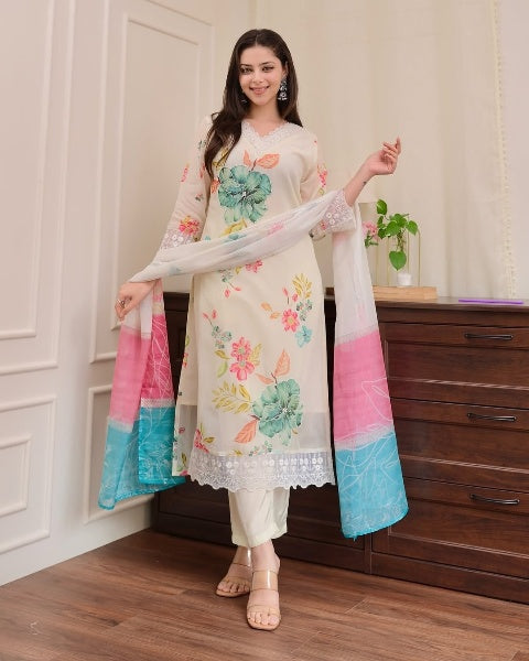 Women's Nylon Taby Embroidered Kurta with Viscose Pant & Dupatta | Readymade 3-Piece Suit Set | Elegant & Comfortable Ethnic Wear for Festive, Casual & Semi-Formal Use