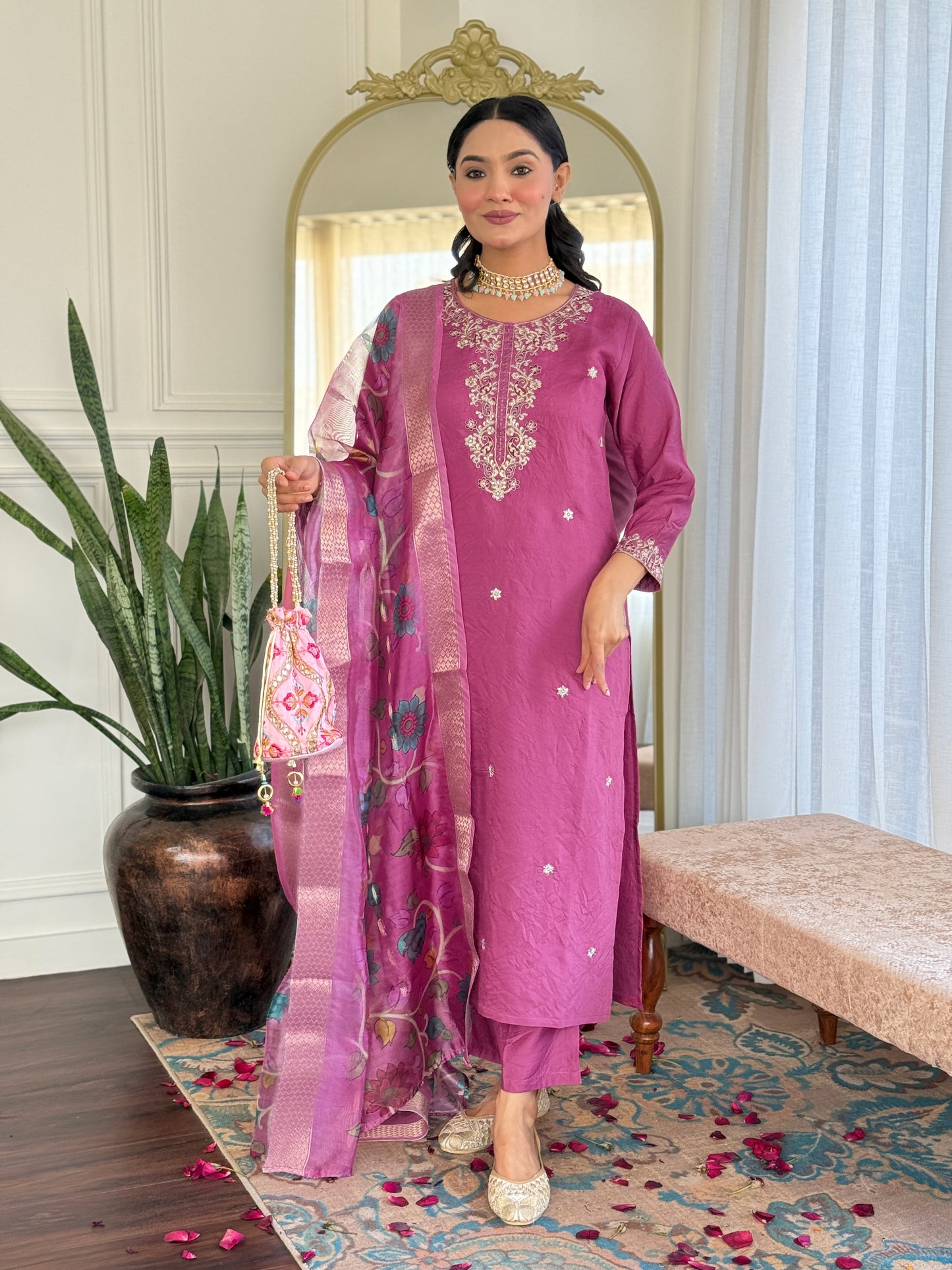 Designer Embroidered Suit Set in Chanderi with Jacquard Dupatta