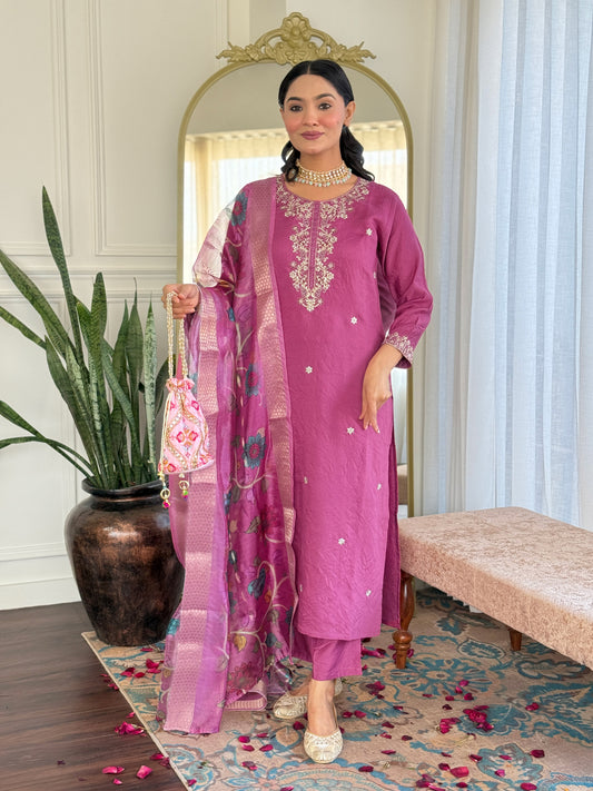 Designer Embroidered Suit Set in Chanderi with Jacquard Dupatta