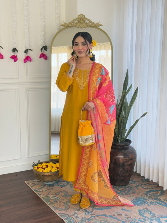 Women's Chanderi Silk Embroidered Kurta with Pant & Pure Linen Dupatta | Premium Readymade 3-Piece Ethnic Suit Set | Elegant Wear for Festive, Semi-Formal & Traditional Occasions