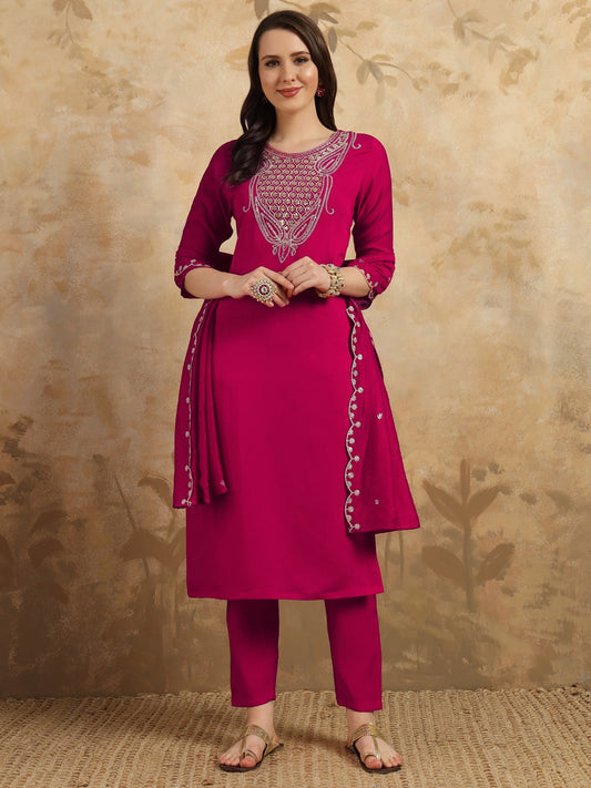 Traditional Embroidered Viscose Chanderi Kurti Pant Set with Nylon Chanderi Dupatta