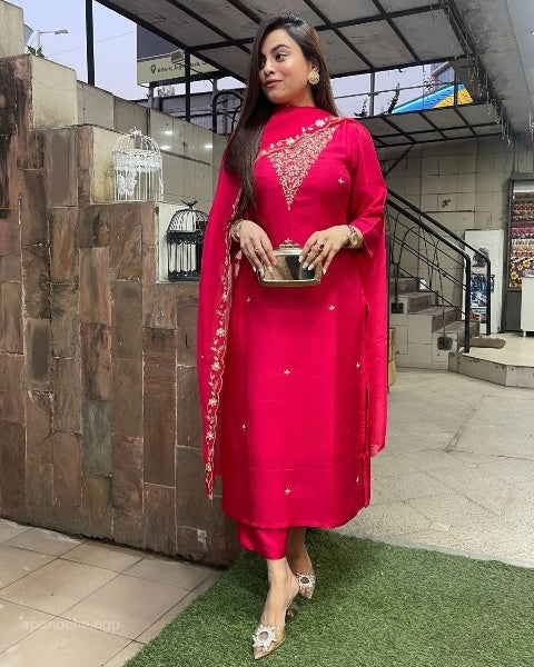 Women's Viscose Chanderi Embroidered Kurta with Pant & Pure Organza Dupatta with Work | Readymade 3-Piece Suit Set | Elegant Ethnic Wear for Festive, Party & Semi-Formal Occasions