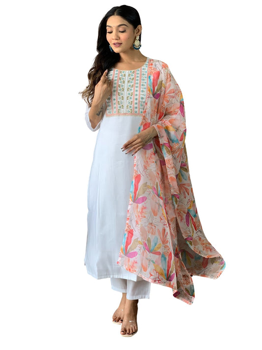 Minimalist White Embroidered Suit Set with Chanderi Fabric & Teby Dupatta