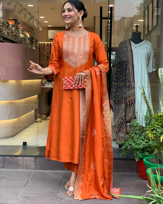 Premium Ethnic Wear Embroidered Chanderi Silk Suit Set with Jacquard Chanderi Dupatta – 3-Piece