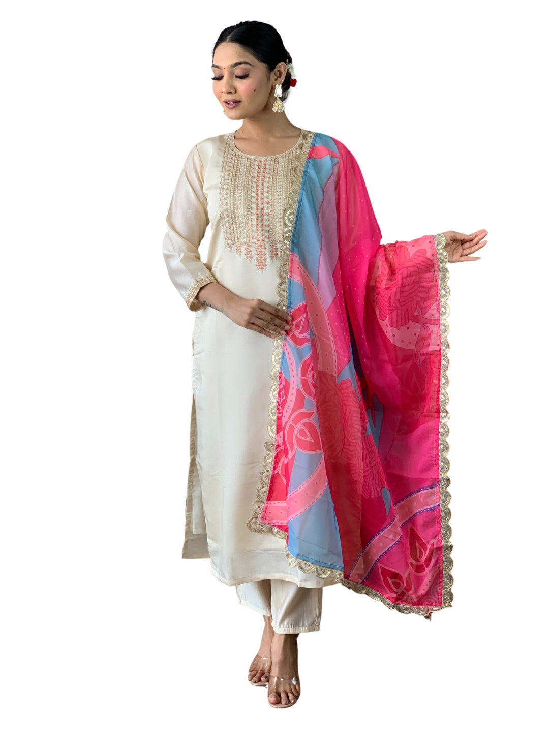 Women’s Viscose Chanderi Kurti Set with Embroidered Nylon Taby Dupatta & Pant – Designer Round Neck, Knee Length